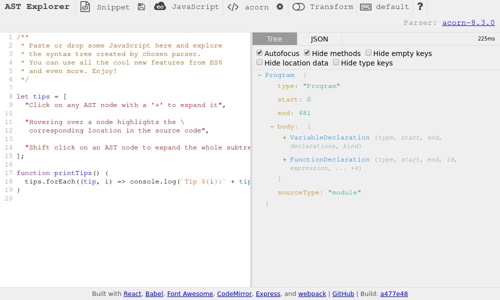 Screenshot of AST explorer