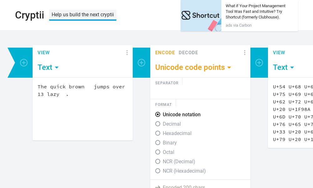 Screenshot of Cryptii Unicode Lookup