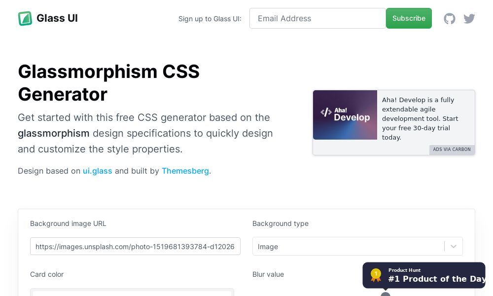 Screenshot of Glassmorphism CSS Generator