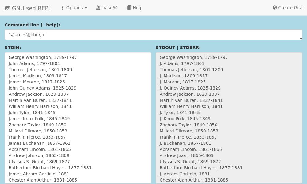 Screenshot of GNU sed REPL